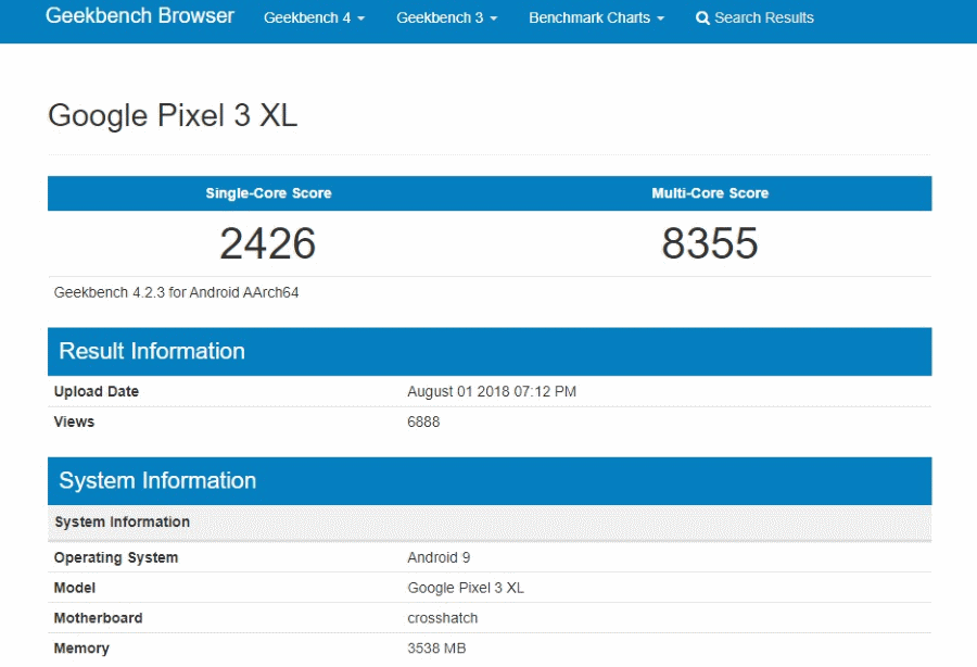 Geekbench Google Pixel 3 XL