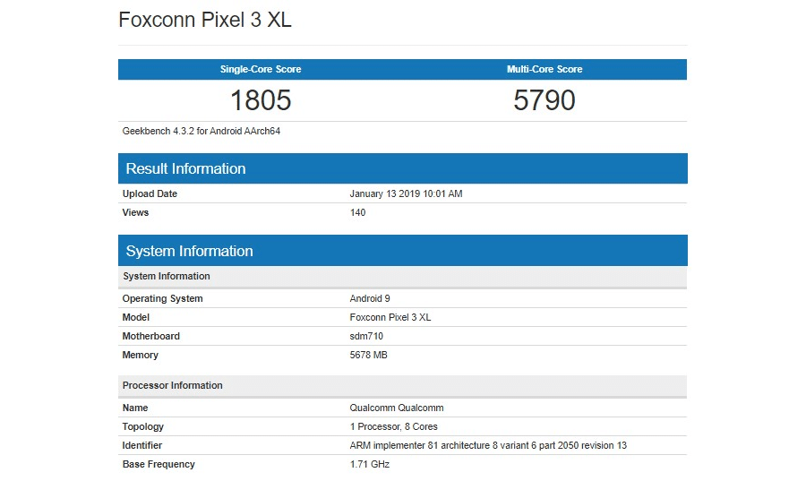 Geekbench Pixel 3 Lite XL