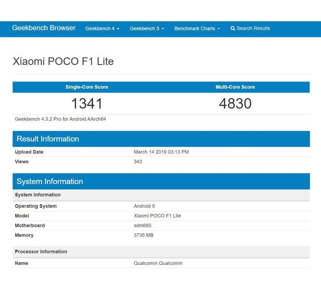 Geekbench Xiaomi POCO F1 Lite