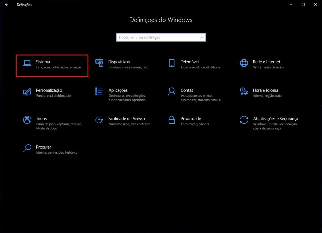 Definições Windows 10