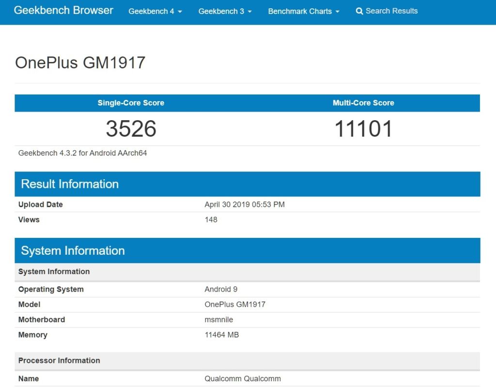 Geekbench OnePlus GM1917