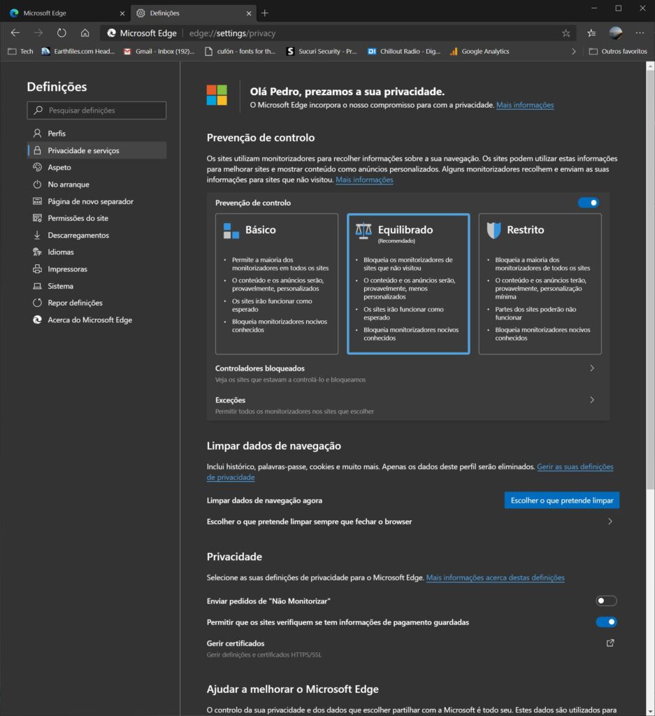 Definições Chromium Microsoft Edge