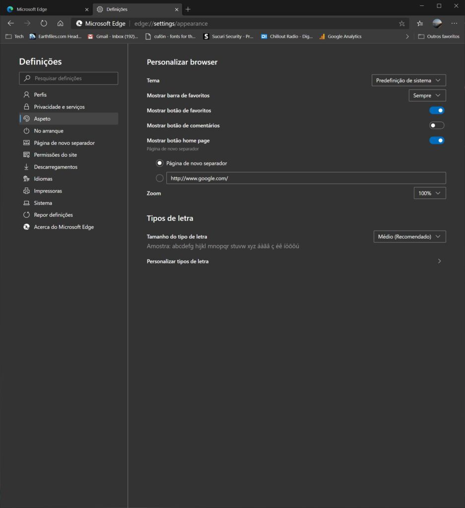 Definições Chromium Microsoft Edge