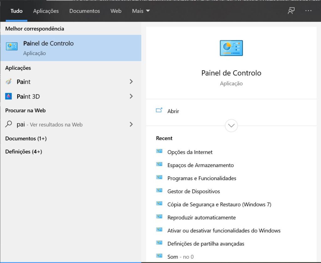 Painel de controlo