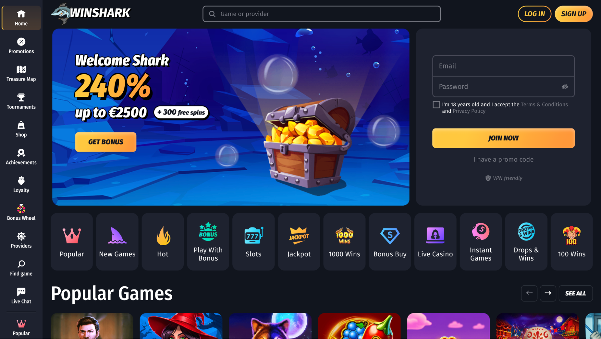 Hero banner promoting a 240% bonus up to €2500 with 300 free spins and a treasure chest on a blue game background for Winshark