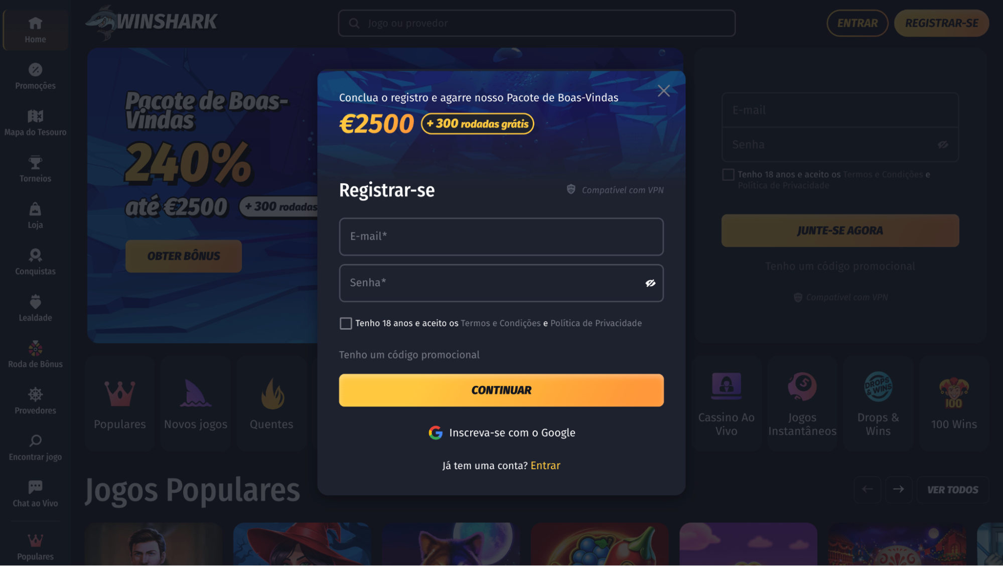 Modal de cadastro central com campos: E-mail, Senha, checkbox de termos, botão Continuar; opção de login com Google; overlay escuro sobre a página