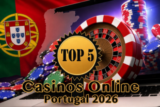 Promotional graphic for online casinos in Portugal 2026 featuring a roulette wheel, poker chips, a laptop, and the Portuguese flag in the background.