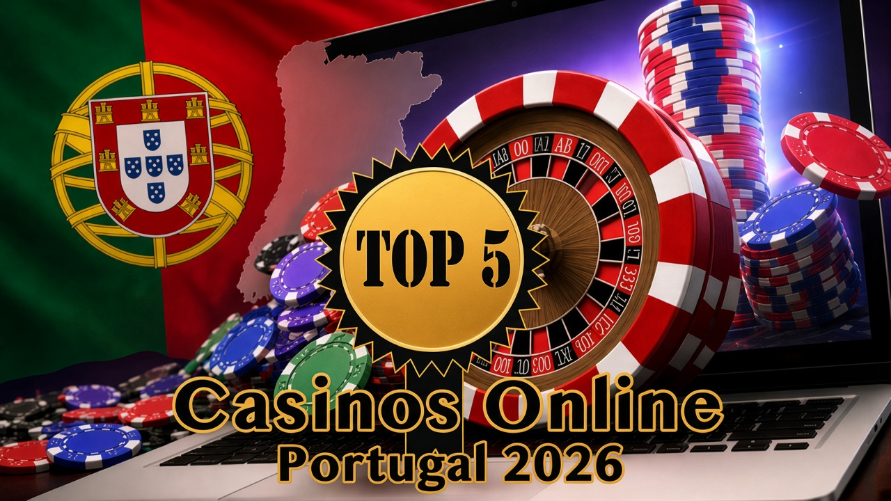 Promotional graphic for online casinos in Portugal 2026 featuring a roulette wheel, poker chips, a laptop, and the Portuguese flag in the background.