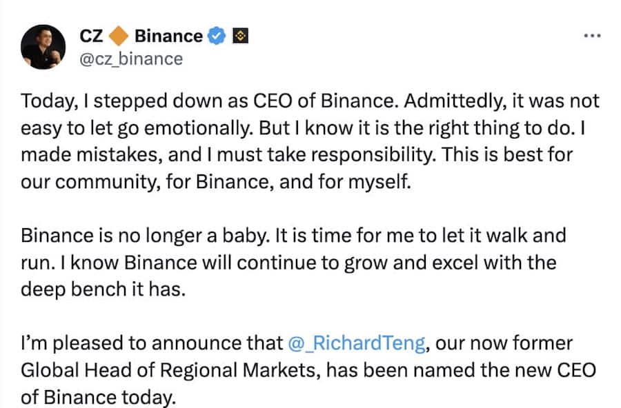 ©DR. / X - Binance Changpeng Zhao