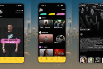Festival app screens: left shows Buraka Som Sistema banner on a dark stage; center displays artist cards and stages on a black UI; right is a Foo Fighters band page with bio text.
