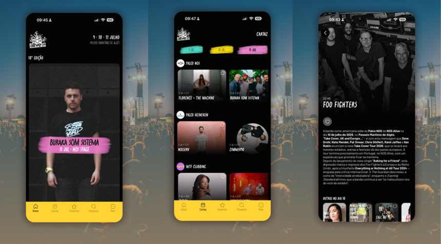 Festival app screens: left shows Buraka Som Sistema banner on a dark stage; center displays artist cards and stages on a black UI; right is a Foo Fighters band page with bio text.
