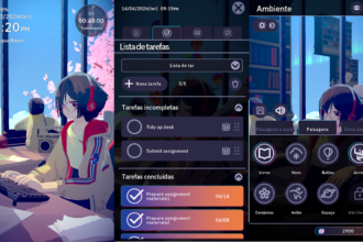 Triple-screen UI overlay on an anime desk scene: left shows time and music, center is a to-do list, right shows environment icons in Portuguese.