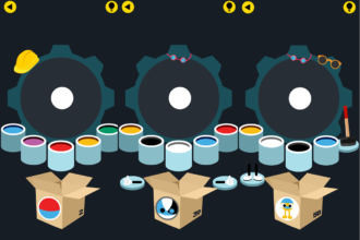 Three large dark gears with white centers sit in a row, fronted by rows of paint cans and three cardboard boxes labeled 2, 39, and 58.