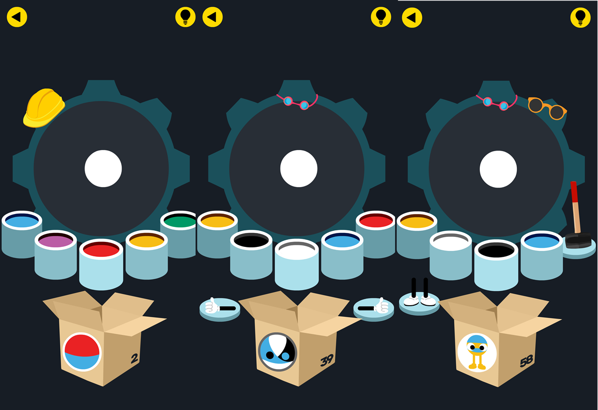 Three large dark gears with white centers sit in a row, fronted by rows of paint cans and three cardboard boxes labeled 2, 39, and 58.