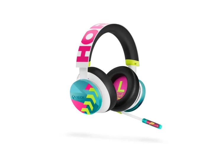 Colorful Xbox wired over-ear headphones with pink, teal, and white panels and a built-in microphone.