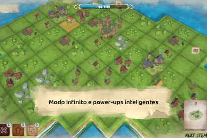 Isometric village-building game map with a green grid, scattered houses, trees, and rocks; a banner reads 'Modo infinito e power-ups inteligentes' across the middle; game UI cards along the bottom edge.