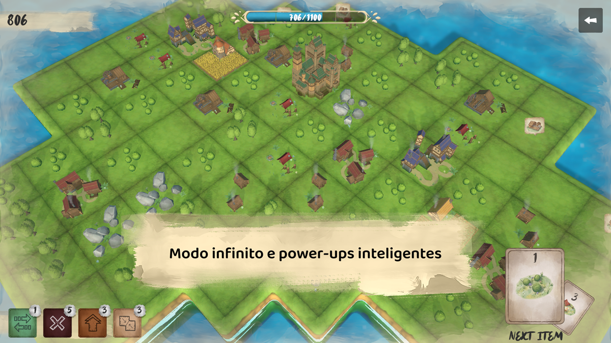 Isometric village-building game map with a green grid, scattered houses, trees, and rocks; a banner reads 'Modo infinito e power-ups inteligentes' across the middle; game UI cards along the bottom edge.