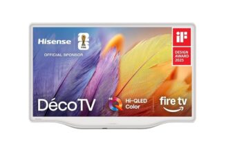 White-framed Hisense DecoTV displaying a vibrant feather image with Hi-QLED Color and Fire TV branding; award badge in the top-right.
