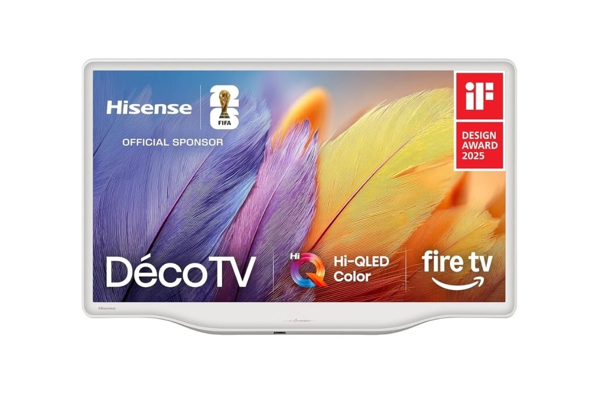 White-framed Hisense DecoTV displaying a vibrant feather image with Hi-QLED Color and Fire TV branding; award badge in the top-right.
