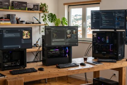 Multi-monitor, multi-PC workstation on a wooden desk with keyboards, mice, and a coffee cup; shelves, plant, and window in the background.