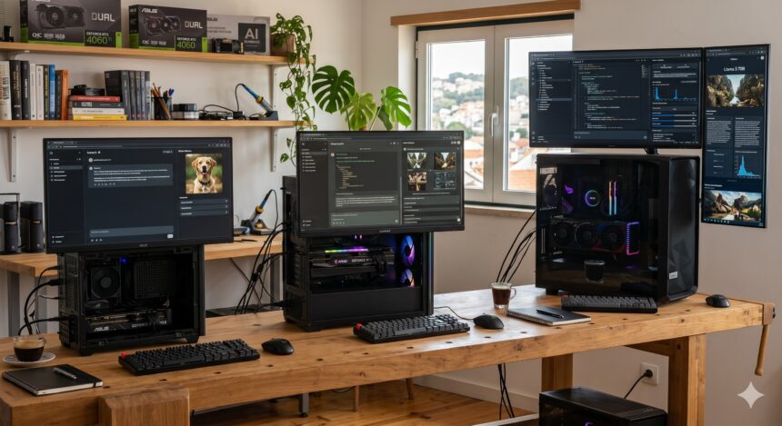 Multi-monitor, multi-PC workstation on a wooden desk with keyboards, mice, and a coffee cup; shelves, plant, and window in the background.