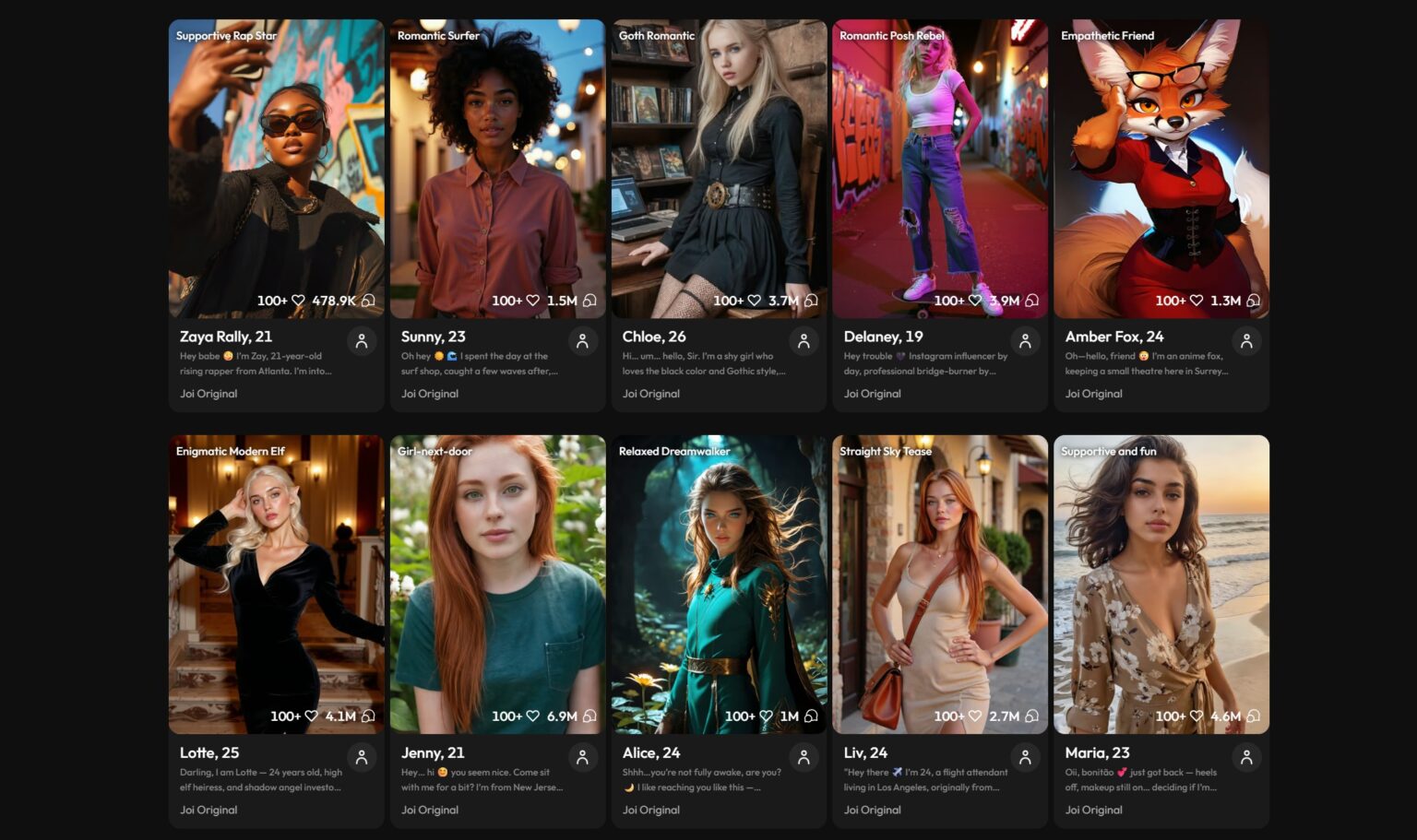 Grid of ten dating-profile cards: photos with names and ages (Zaya 21, Sunny 23, Chloe 26, Delaney 19, Amber Fox 24, Lotte 25, Jenny 21, Alice 24, Liv 24, Maria 23).