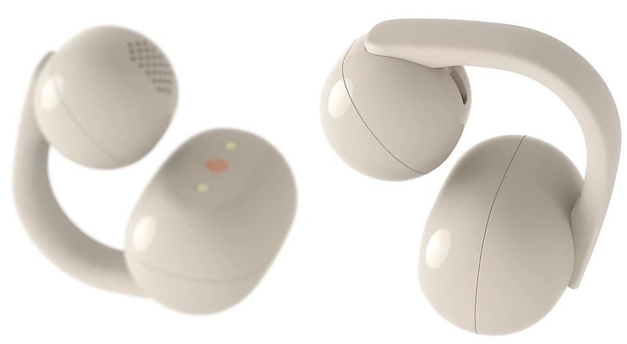 Pair of beige behind-the-ear hearing aids with curved tubing and dome tips, shown from side angles.