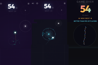 Collage of a neon arcade game screen showing a score of 54, best 29, circular targets, and dotted orbit lines on a dark purple grid background, with a game-over panel on the right.