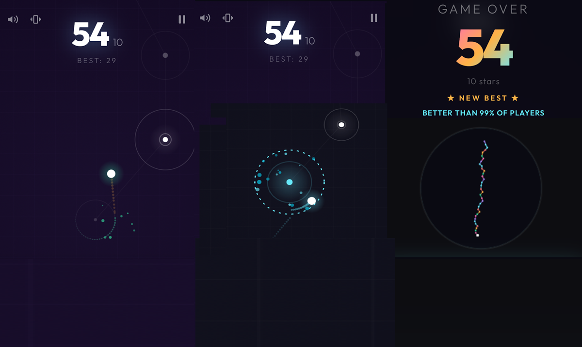 Collage of a neon arcade game screen showing a score of 54, best 29, circular targets, and dotted orbit lines on a dark purple grid background, with a game-over panel on the right.