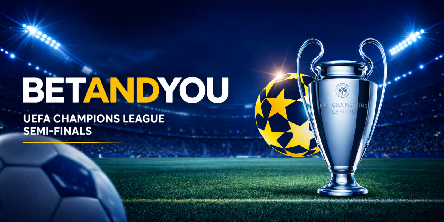 Advertising banner: BETANDYOU promotes UEFA Champions League Semifinals with the trophy and a yellow-star football on a stadium pitch beside bold text.