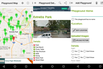 Map featuring numerous green pins marking playgrounds; Estrella Park pin is highlighted with a 'More info...' label on the map, in Los Angeles area. On the right, a playground details panel titled 'Estrella Park' with a photo and a features checklist.