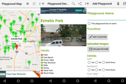 Map featuring numerous green pins marking playgrounds; Estrella Park pin is highlighted with a 'More info...' label on the map, in Los Angeles area. On the right, a playground details panel titled 'Estrella Park' with a photo and a features checklist.