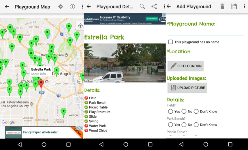 Map featuring numerous green pins marking playgrounds; Estrella Park pin is highlighted with a 'More info...' label on the map, in Los Angeles area. On the right, a playground details panel titled 'Estrella Park' with a photo and a features checklist.