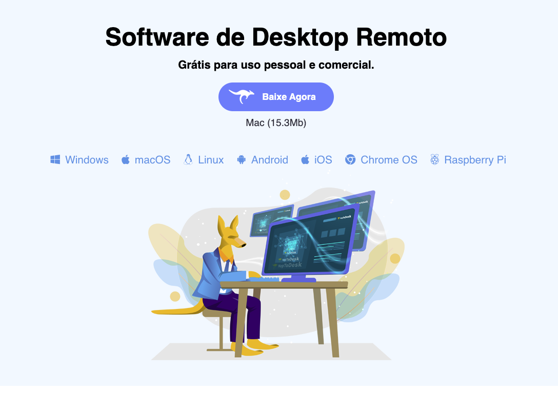 Hero de software de Desktop Remoto com botão 'Baixe Agora', ícones de plataformas (Windows, macOS, Linux, Android, iOS, Chrome OS, Raspberry Pi) e ilustração de um cão usando o computador.