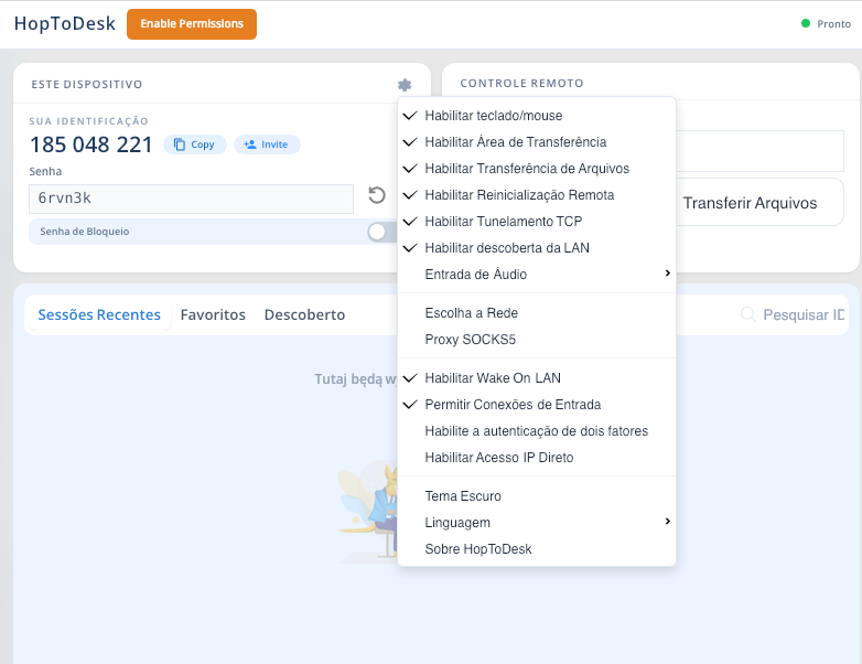 HopToDesk dashboard with a device panel showing ID 185 048 221, Copy/Invite chips, a password field and toggle; a Remote Control panel to the right; a floating settings menu lists options like keyboard/mouse, file transfer, remote wake, LAN discovery, and more, with a 'Sessões Recentes' tab in the lower left.