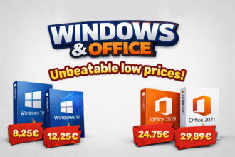 Promotional image of Windows 10 and Windows 11 boxes on the left with prices €8.25 and €12.25, and Office 2019 and Office 2021 boxes on the right with €24.75 and €29.89 on red banners.