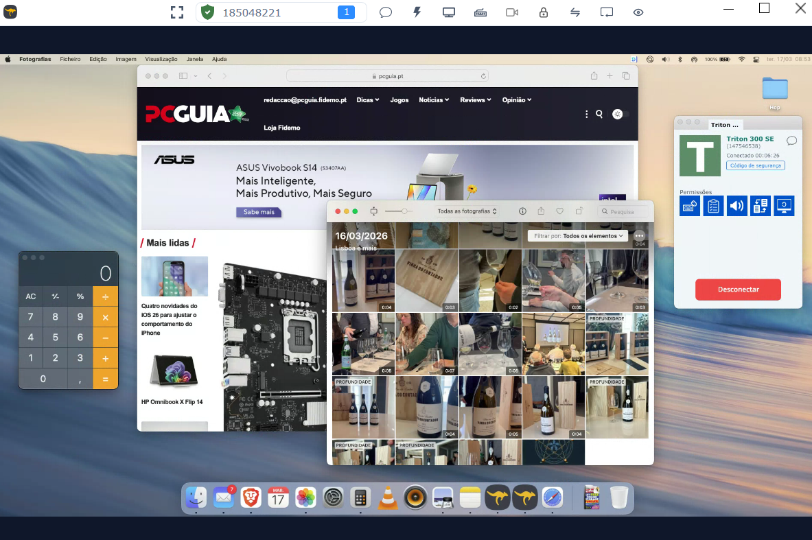 Mac desktop screenshot: wave wallpaper with multiple overlapping windows, including a PCGUIA browser page showing an ASUS banner and a grid of image thumbnails, a calculator widget on the left, a small right panel labeled Triton 300 SE, and the macOS dock along the bottom.