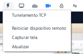 Context menu from a browser extension showing four options: Tunelamento TCP, Reiniciar dispositivo remoto, Capturar tela, Atualizar.