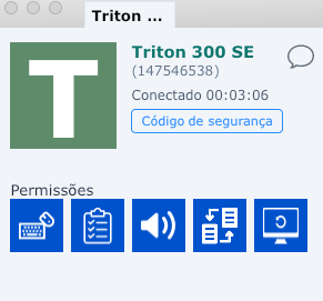 Dashboard for Triton 300 SE with green T logo, connected status, a security code button, and a row of blue permission icons.