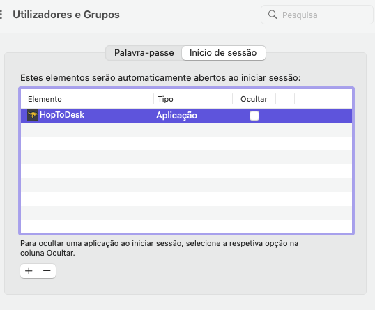 Janela de configurações para abrir aplicações ao iniciar a sessão; HopToDesk está selecionada na lista.