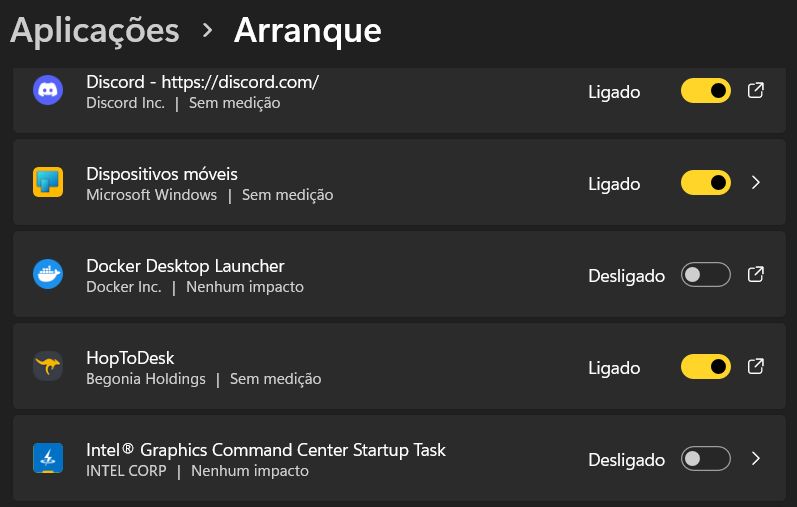 Painel de inicialização com lista de aplicativos e interruptores Ligado/Desligado, incluindo Discord, Dispositivos móveis, HopToDesk e Intel Graphics Startup Task.