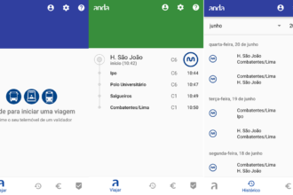 App UI in Portuguese showing a travel validation screen: left panel with three blue circular transit icons and text 'Valide para iniciar uma viagem'; middle panel lists a route 'H. São João' with stops and times; right panel shows a schedule/history by day (June 2018) with trip entries and times; bottom navigation includes 'Viajar' and other icons.