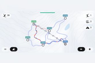 Topo map showing a hiking route with elevation markers (in meters) and blue/red trails labeled along the path.
