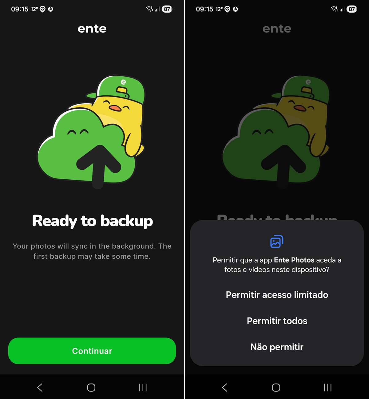 Onboarding screen for Ente app showing a yellow chick beside a green cloud with an upload arrow, 'Ready to backup' heading and a green Continue button.