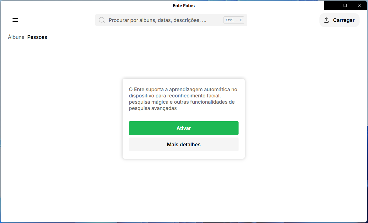 Tela de aplicativo com janela modal central pedindo para ativar aprendizado automático; botão verde 'Ativar' e botão cinza 'Mais detalhes', ao fundo menu lateral e barra de busca.
