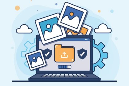 Cartoon laptop with an orange upload folder on the screen and floating photos, symbolizing image upload or backup.