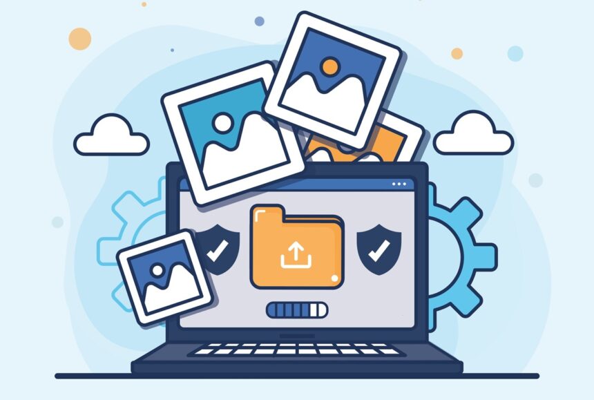 Cartoon laptop with an orange upload folder on the screen and floating photos, symbolizing image upload or backup.