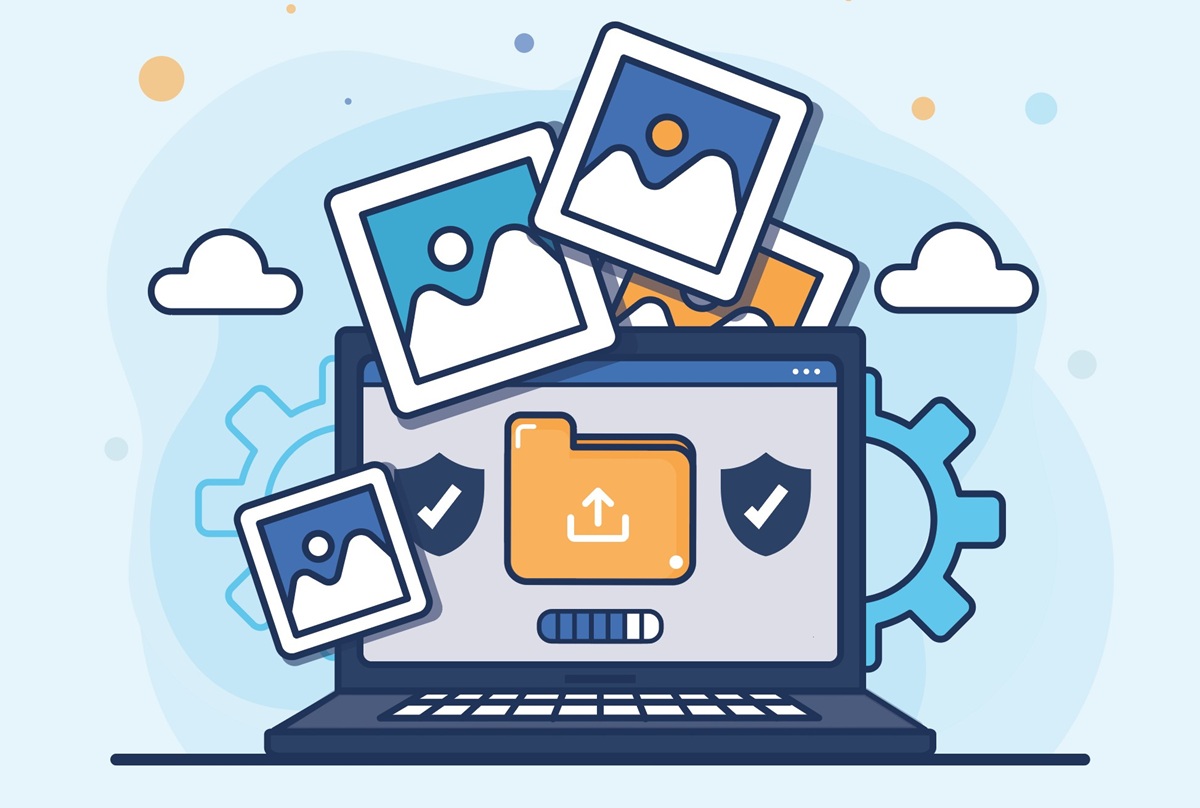 Cartoon laptop with an orange upload folder on the screen and floating photos, symbolizing image upload or backup.