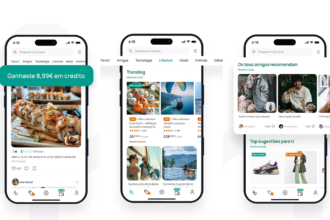 Três smartphones mostrando um app de compras com banner verde de crédito, tela de tendências e recomendações.