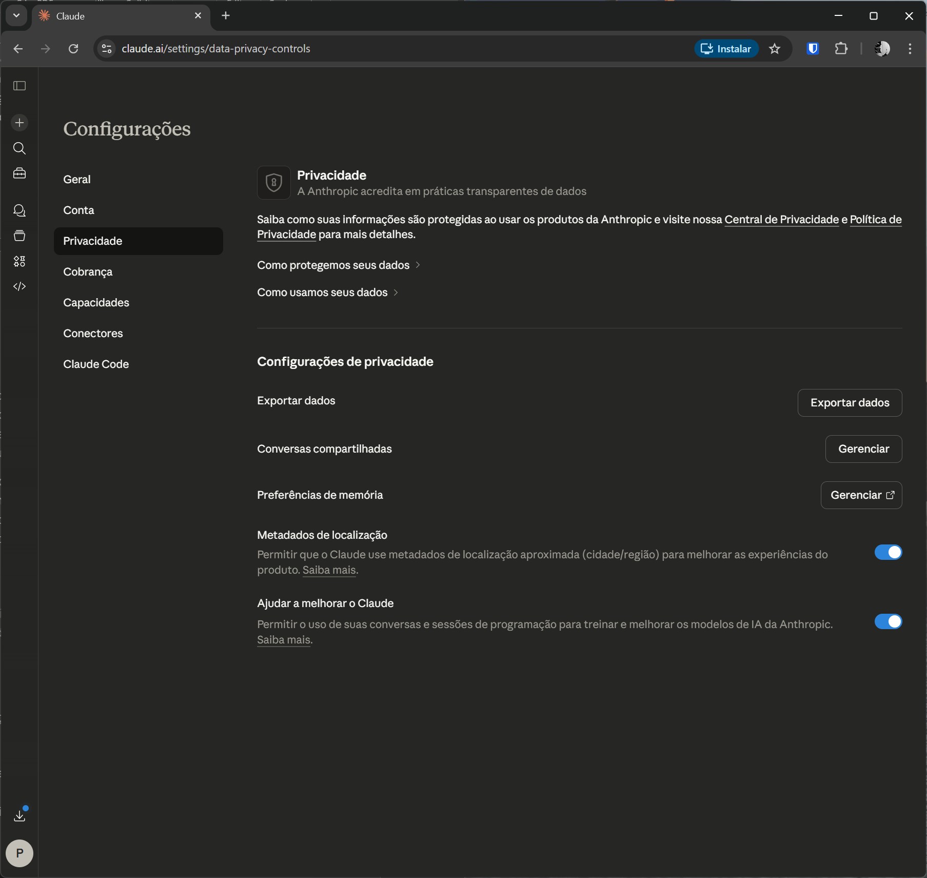 Tela de Configurações em modo escuro mostrando a seção Privacidade com opções como Exportar dados e Gerenciar, etc., na interface em PT-BR do Claude AI